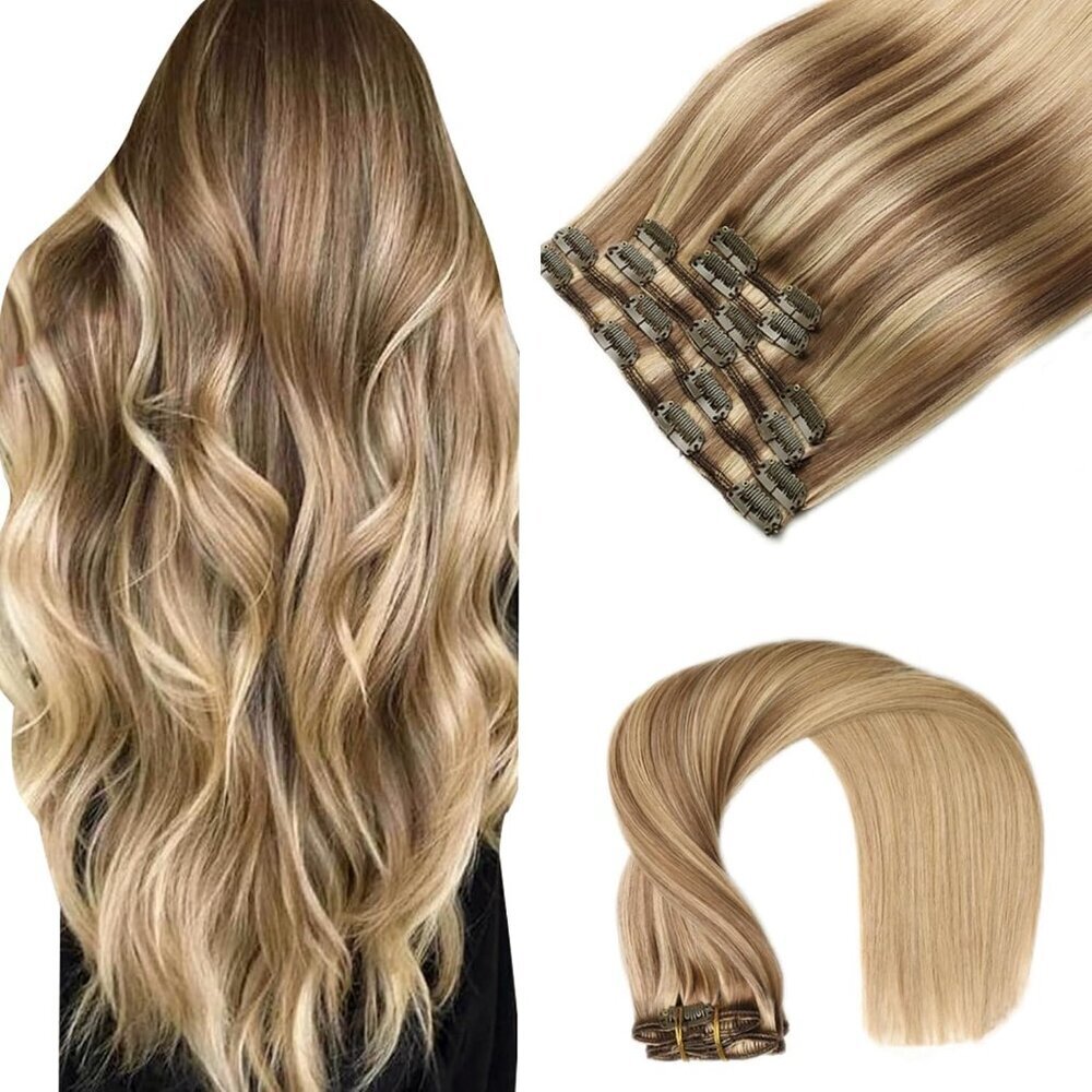 Clip in Hair Extensions Human Hair 20 Inch Balayage Ash Brown to Caramel Blonde